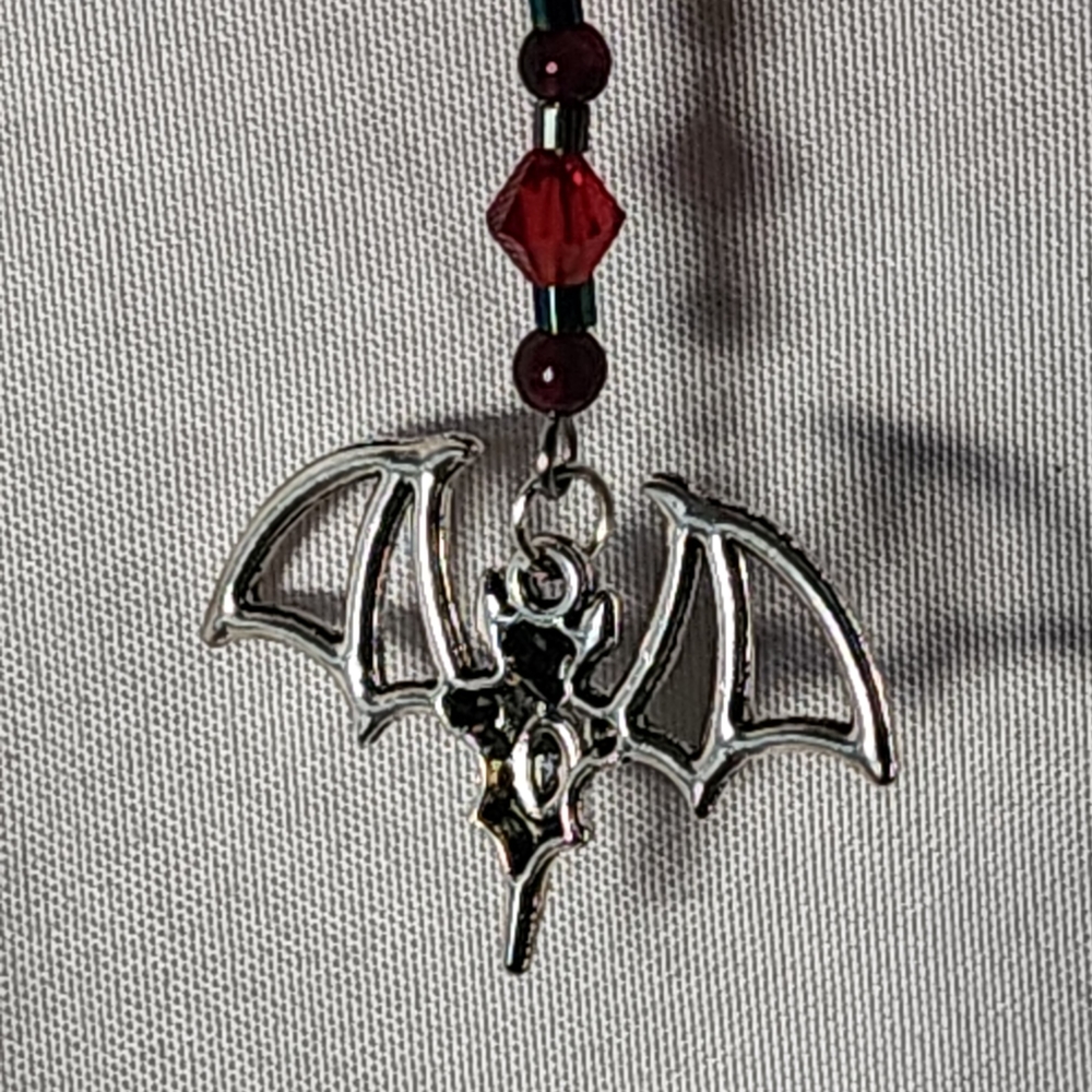 Handmade Gothic Red Crystal, Genuine Garnet and Silver Bat Pendant Necklace - Picture 8 of 14